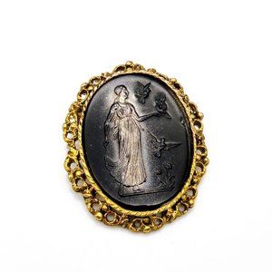 Mod Black Glass Cameo Brooch of Woman with Birds, Gilt Stripe Lapel Pin in Gold